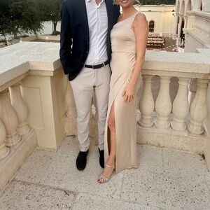 BHLDN Dylan satin one shoulder dress with slit , champagne